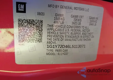 2020 Chevrolet Corvette Stingray Rwd 2Lt из США, поврежденный, VIN 1G1Y72D46L5113071